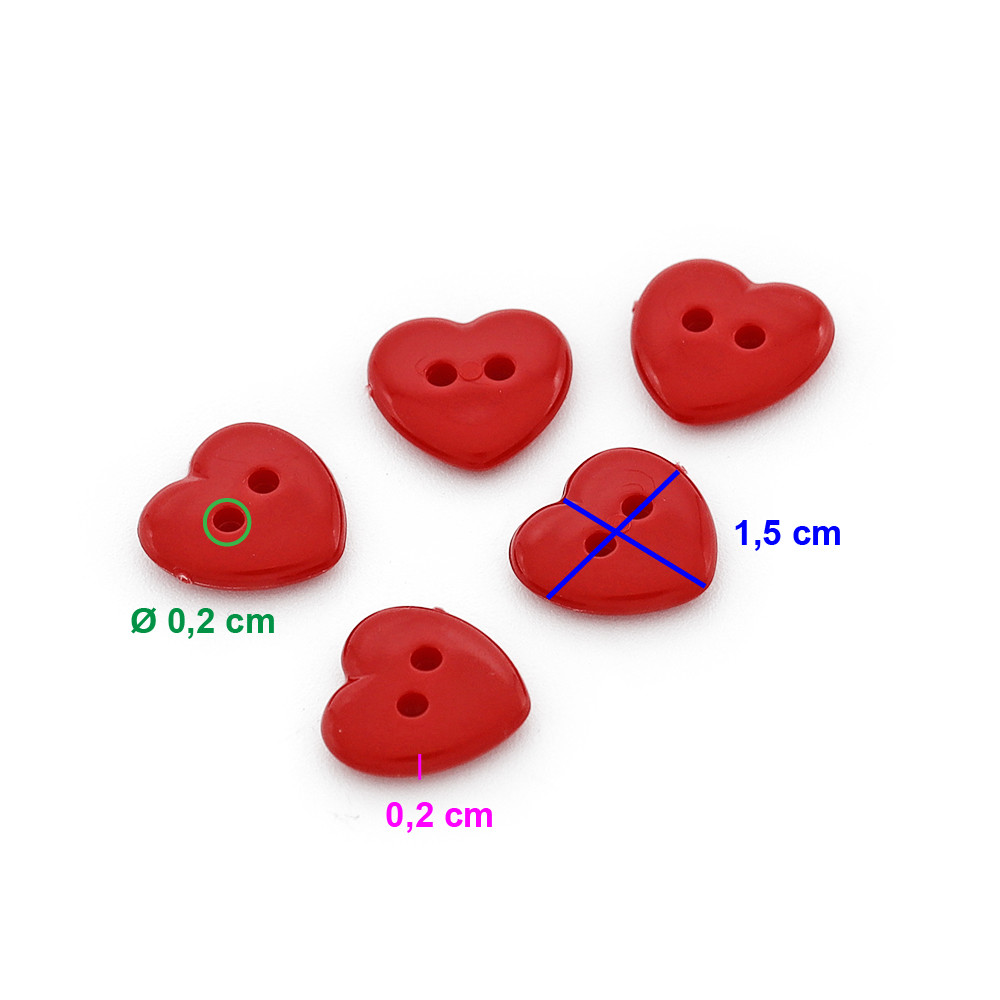 Heart Button 2 holes Red 5 pcs